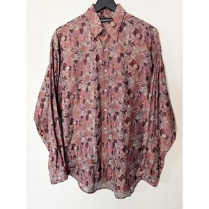 Neiman Marcus Mens Medium Abstract Print Cotton Button Down Shirt Burgundy